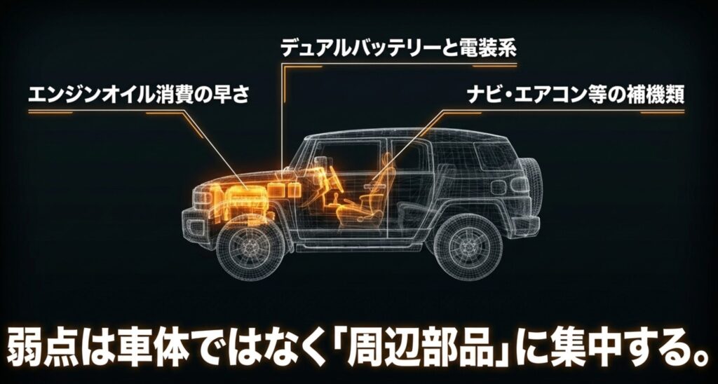 ジープコンパスの弱点が車体本体よりもオイル消費、デュアルバッテリー、電装系など周辺部品に集中することを示すスライド