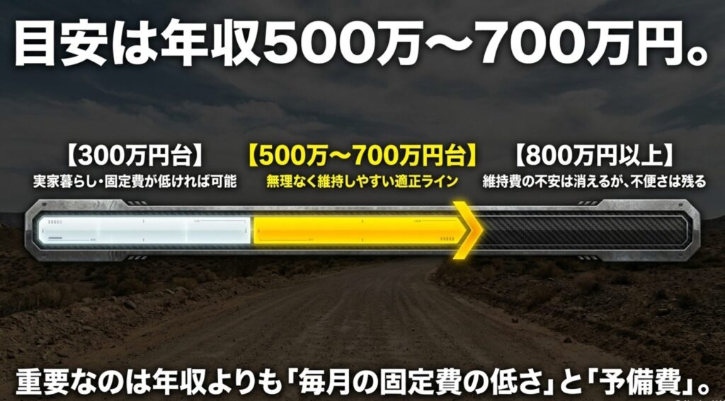 FJクルーザーを維持する年収目安として300万円台、500万から700万円台、800万円以上の違いを示したスライド