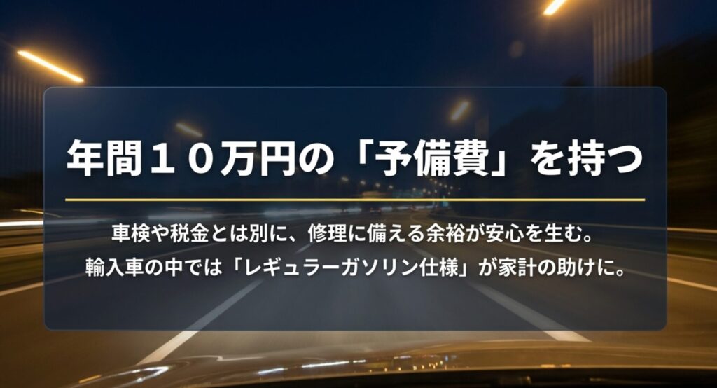ジープコンパスの維持では車検や税金とは別に年間10万円程度の修理予備費を持つと安心なことを示したスライド