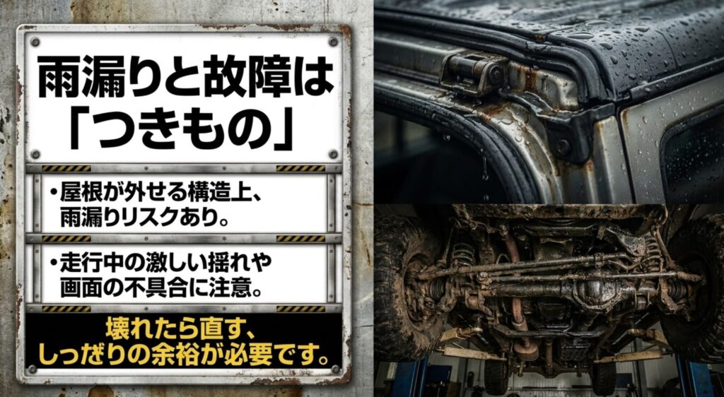 ジープラングラーの雨漏りや走行中の揺れ、画面不具合など故障リスクを説明するスライド