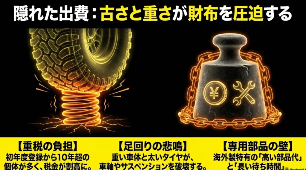 ジープパトリオットの重課税や足回り、輸入部品代など維持費が高くなる要因を示すスライド
