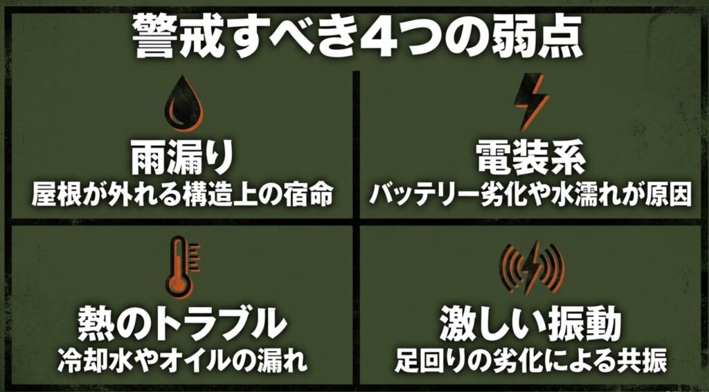ラングラーで注意したい雨漏り、電装系、冷却水やオイル漏れ、足回りの激しい振動をまとめたスライド