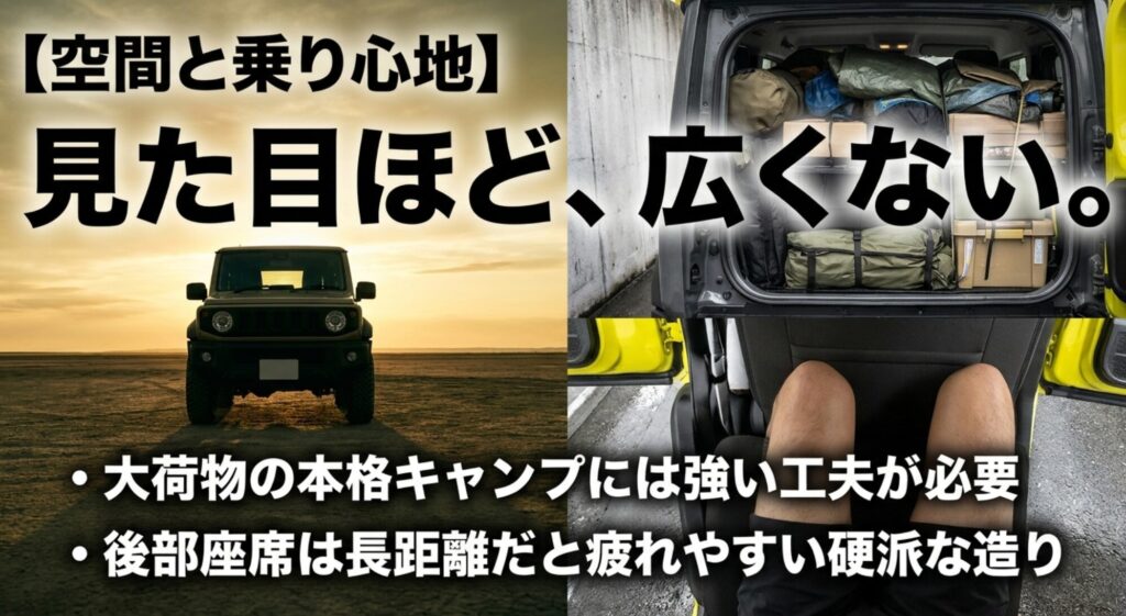 ジープレネゲードは見た目ほど荷室や後部座席が広くなく長距離や本格キャンプでは工夫が必要なことを示すスライド