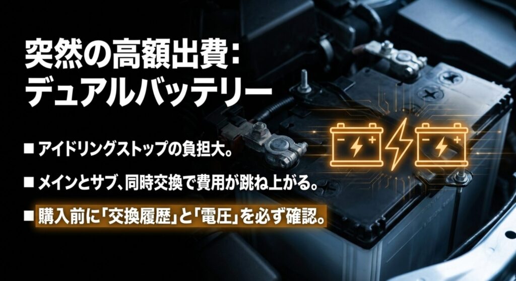 ジープコンパスのデュアルバッテリーは高額出費になりやすく、購入前に交換履歴と電圧確認が必要なことを示すスライド