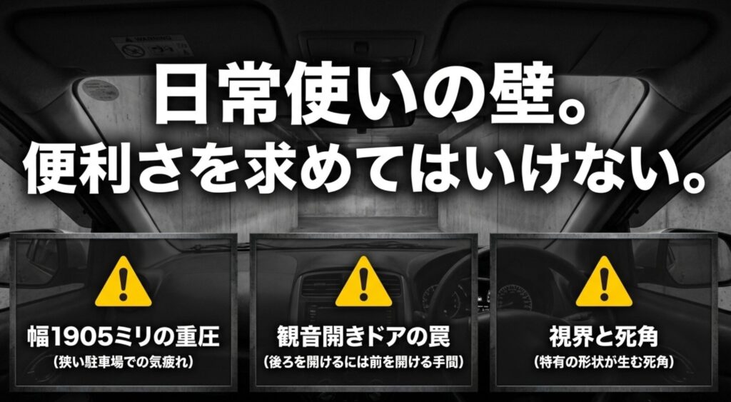 FJクルーザーの日常使いで気になりやすい車幅、観音開きドア、視界と死角の注意点をまとめたスライド