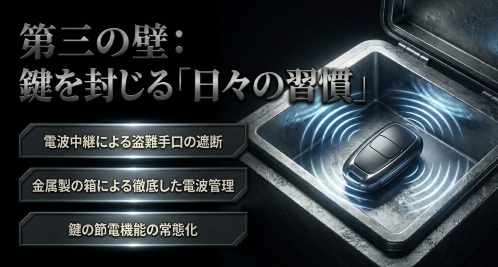 スマートキーを電波遮断ケースや金属箱で保管し、リレーアタック対策を習慣化するイメージ