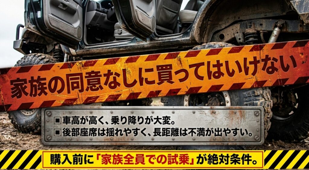 ジープラングラーは車高が高く後部座席が揺れやすいため家族全員での試乗が必要だと示すスライド
