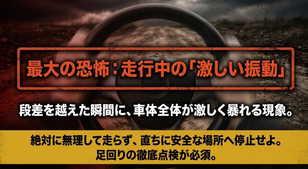 ラングラーで段差を越えた瞬間に車体全体が激しく暴れるジャダー現象と安全停止の重要性を示すスライド