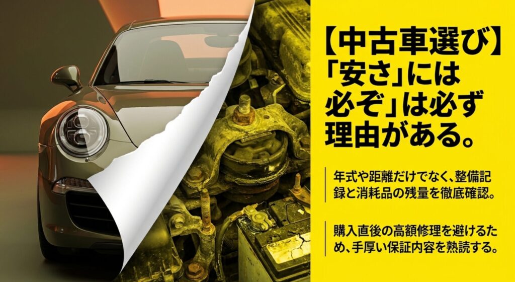 ジープレネゲード中古車は価格だけでなく整備記録や消耗品や保証内容を確認すべきことを示すスライド