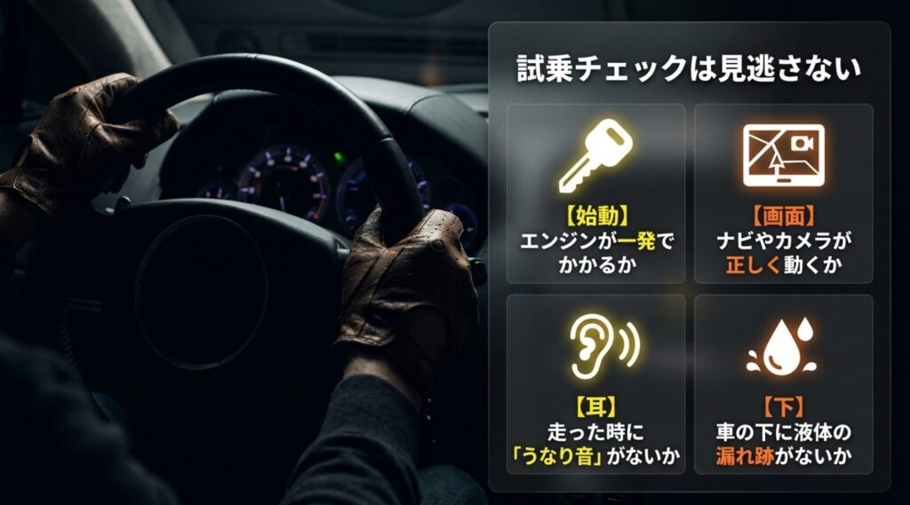 ジープコンパスの中古車試乗で始動、ナビ画面、異音、液体漏れを確認すべきことを示したスライド