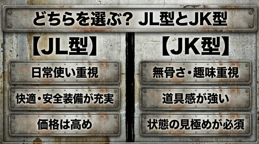 ジープラングラーJL型は日常使い重視、JK型は無骨さや趣味性重視と比較したスライド