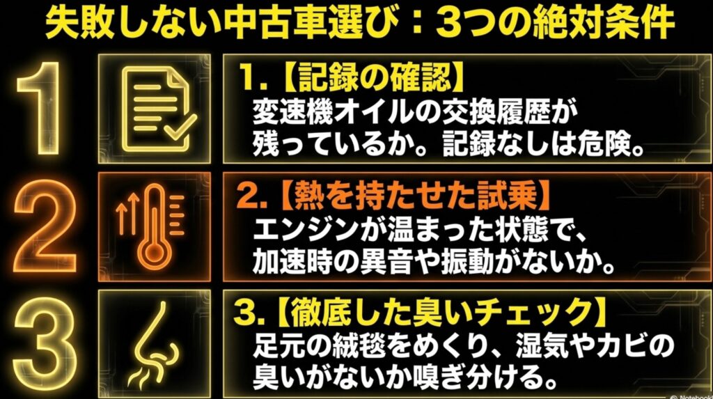 ジープパトリオットの中古車選びで確認すべき整備記録、試乗、臭いチェックをまとめたスライド