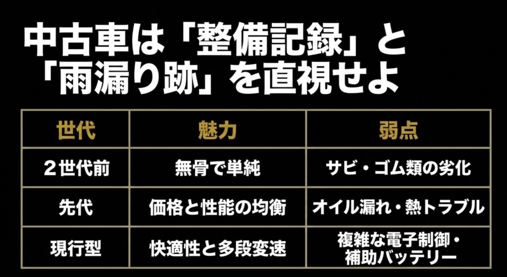 ラングラー中古車では世代ごとの弱点だけでなく整備記録と雨漏り跡を重視すべきことを示すスライド