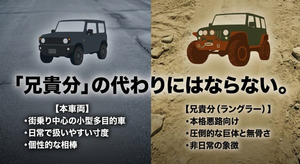 ジープレネゲードは街乗り中心の小型多目的車でありラングラーとは役割が違うことを示す比較スライド