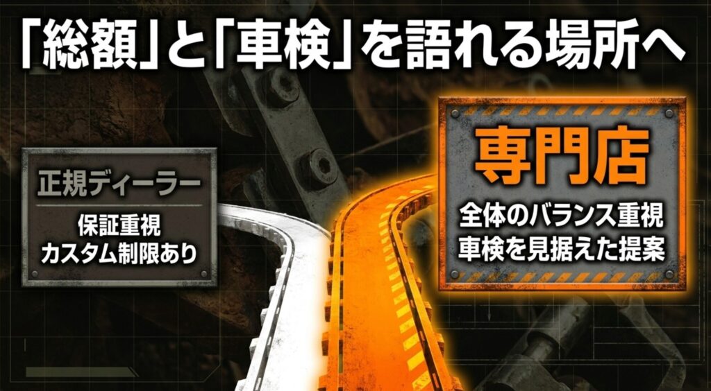ラングラーのリフトアップで正規ディーラーと専門店の特徴や相談先の違いを比較するスライド