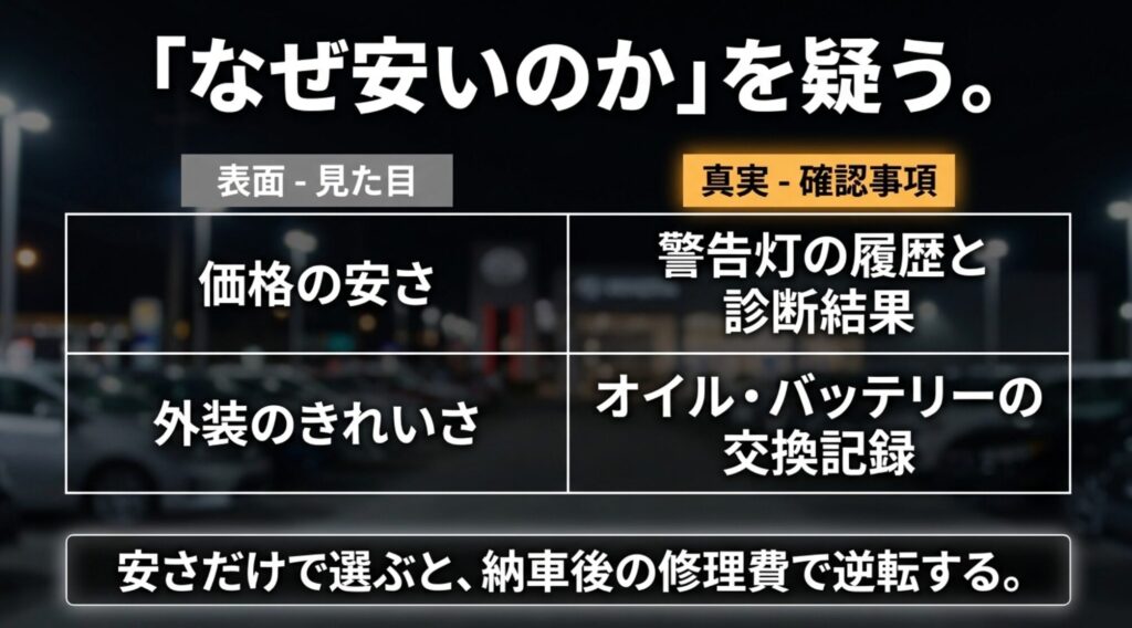 中古ジープコンパスは価格の安さや外装だけでなく、警告灯履歴やオイル、バッテリー交換記録を確認すべきことを示すスライド