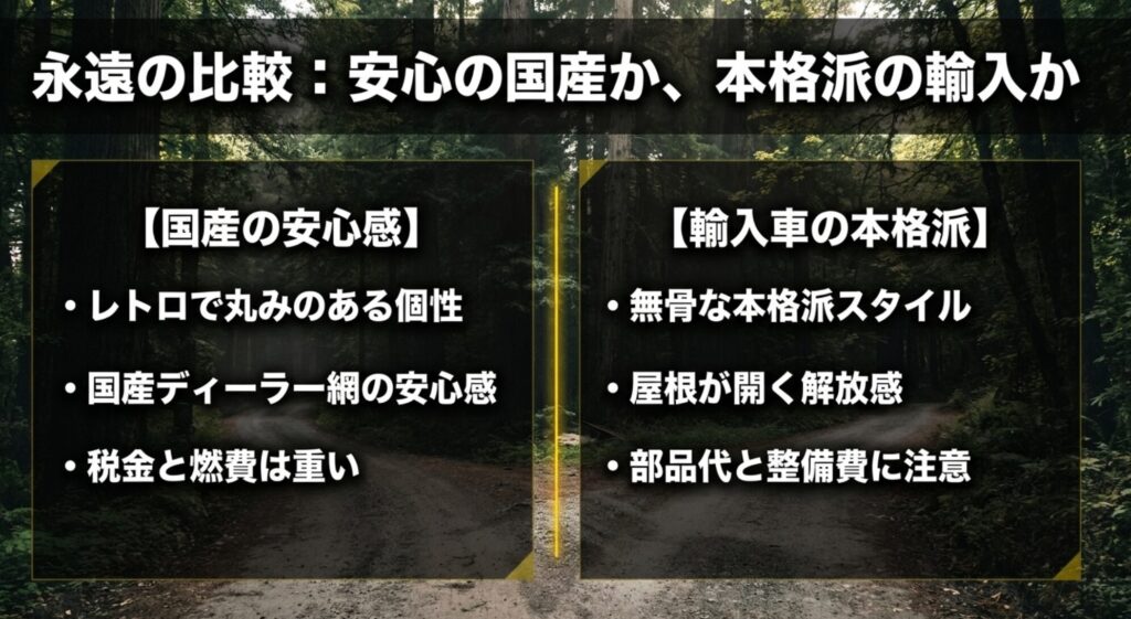 FJクルーザーは国産の安心感、ラングラーは輸入車らしい本格派スタイルが魅力であることを比較したスライド