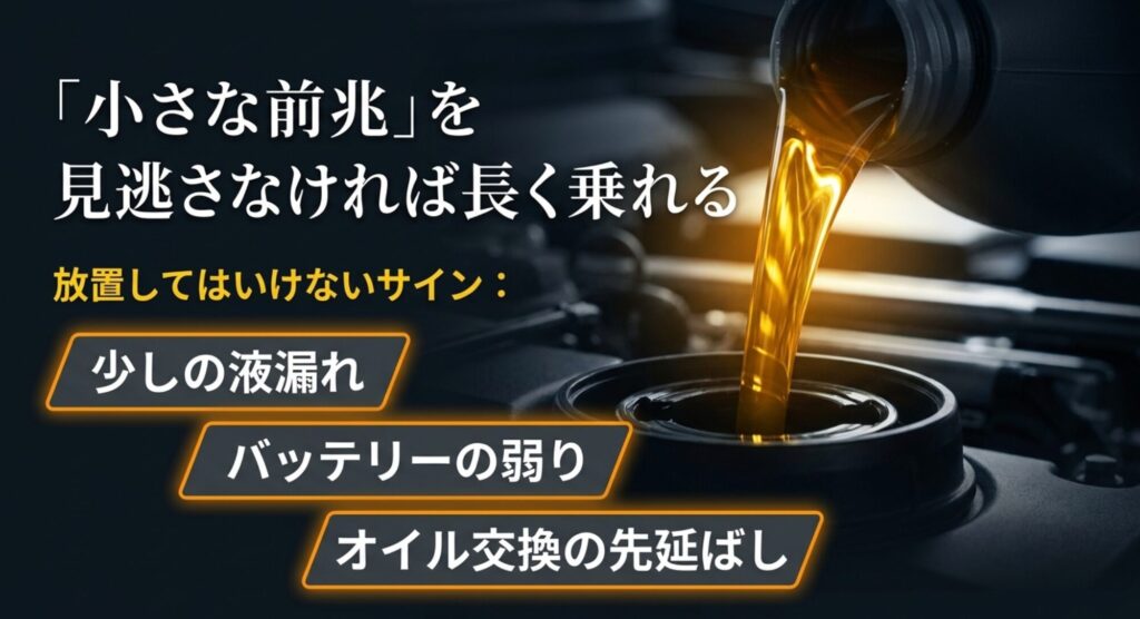 ジープコンパスを長く乗るために液漏れ、バッテリーの弱り、オイル交換の先延ばしを見逃さないことを示したスライド