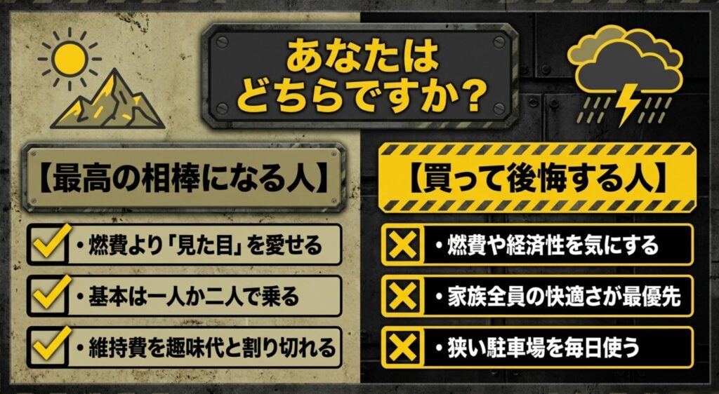 FJクルーザーが最高の相棒になる人と買って後悔しやすい人の違いを比較した解説スライド