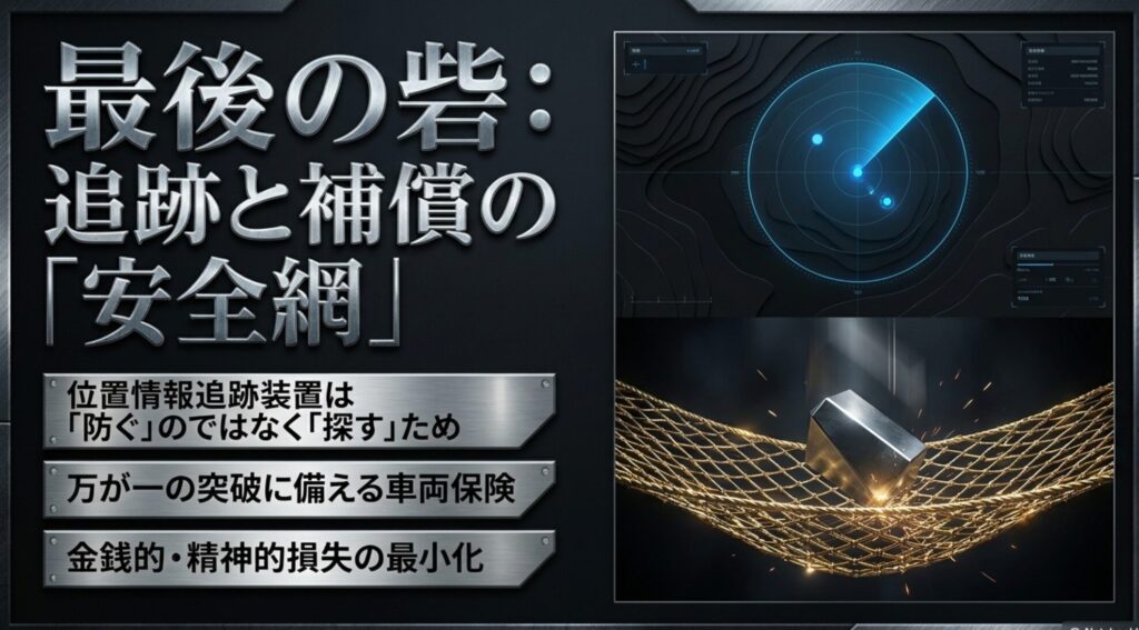 GPS追跡装置と車両保険を、防ぐためではなく盗難後の発見や補償に備える安全網として示す図