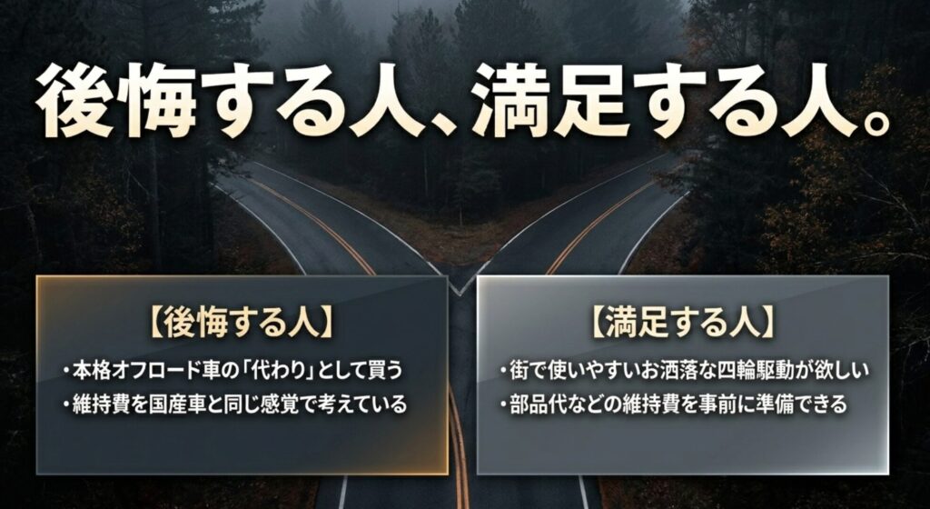ジープコンパスをラングラーの代わりに買う人は後悔しやすく、街乗り四駆として選ぶ人は満足しやすいことを比較した画像