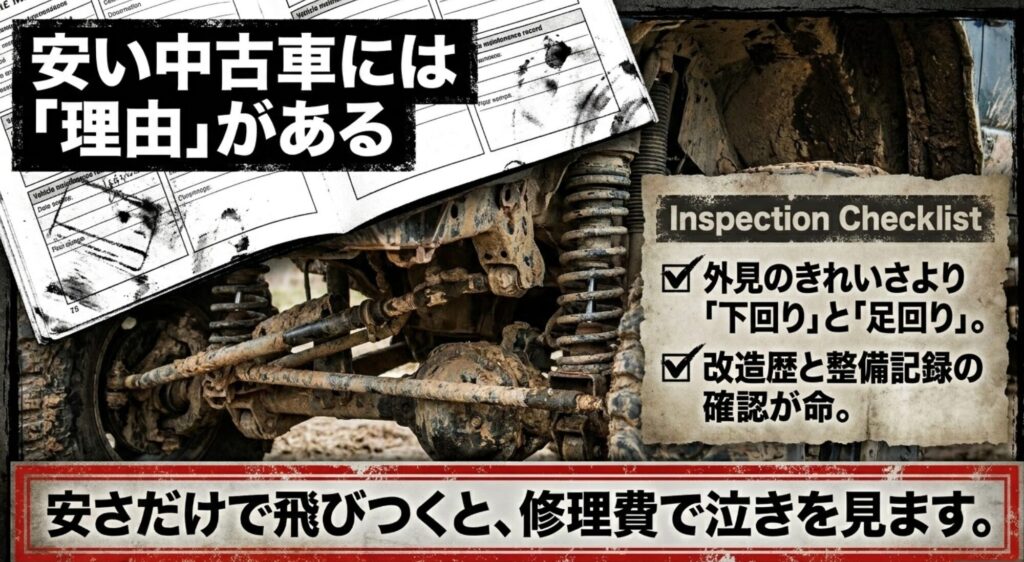 安い中古ジープラングラーは下回りや足回り、改造歴と整備記録の確認が重要だと示すスライド