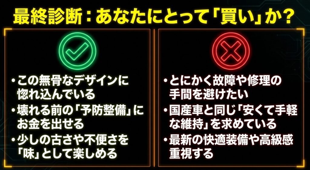 ジープパトリオットが向いている人と向いていない人を比較した最終診断スライド