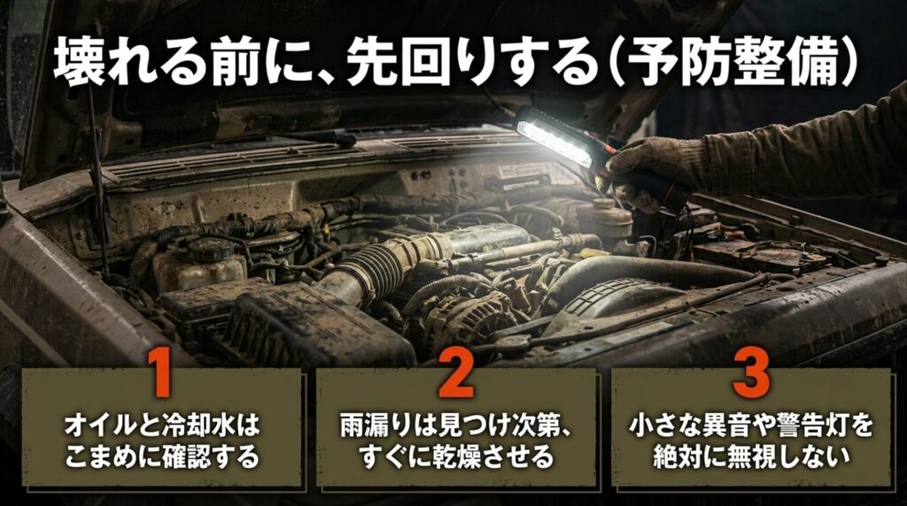 ラングラーはオイルと冷却水の確認、雨漏り後の乾燥、小さな異音や警告灯の確認が重要であることを示すスライド