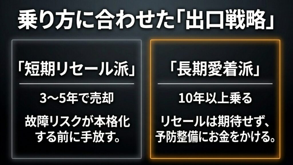 ジープコンパスは短期リセール派なら3年から5年で売却、長期愛着派なら10年以上乗る前提で予防整備に備えることを示すスライド