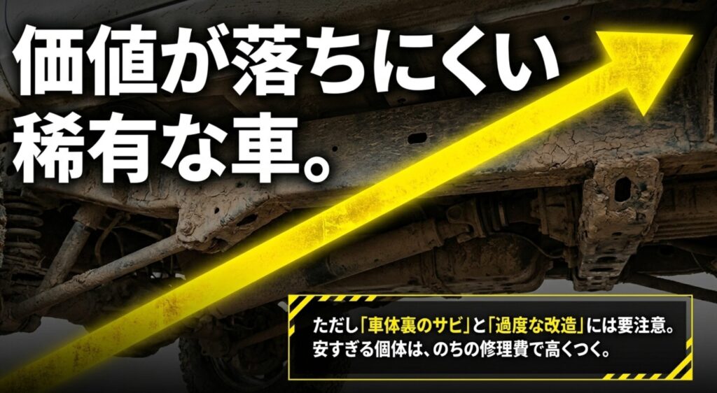 FJクルーザーは価値が落ちにくい希少車だが、車体裏のサビや過度な改造には注意が必要と示したスライド