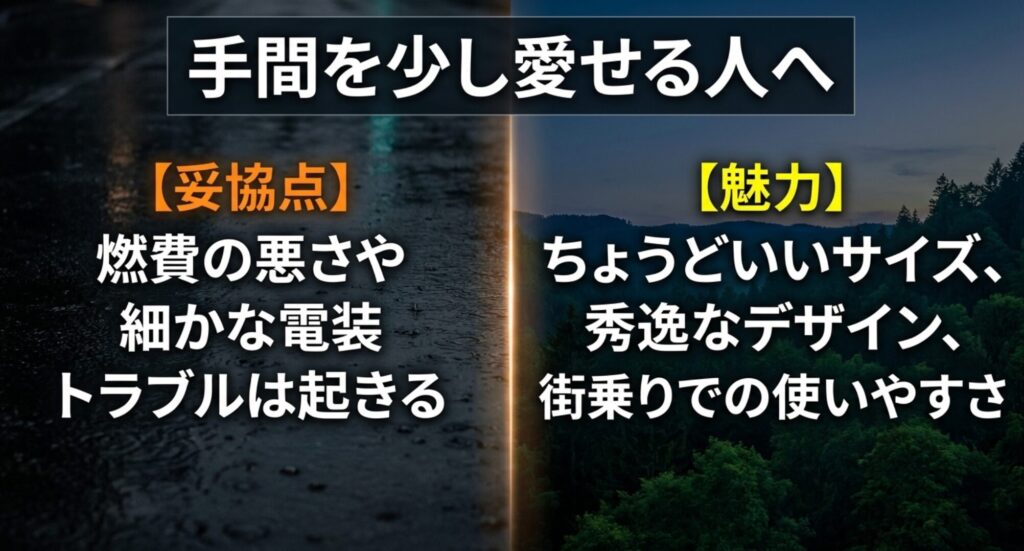ジープコンパスは燃費や細かな電装トラブルを受け入れつつ、サイズ感やデザインに魅力を感じる人に向くことを示したスライド