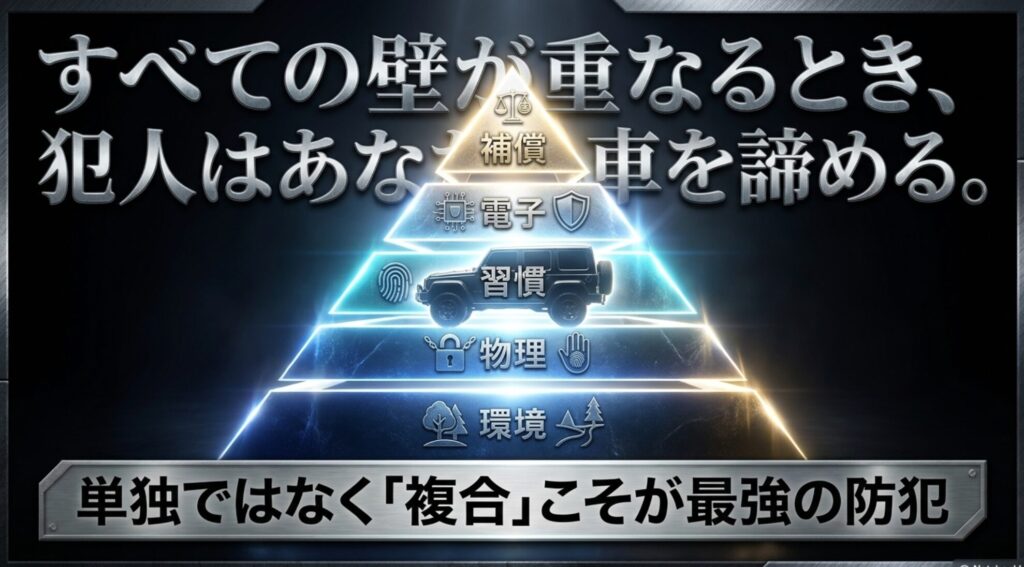 駐車環境、物理ロック、鍵の習慣、電子対策、保険補償を重ねることで盗難リスクを下げる多層防御の図