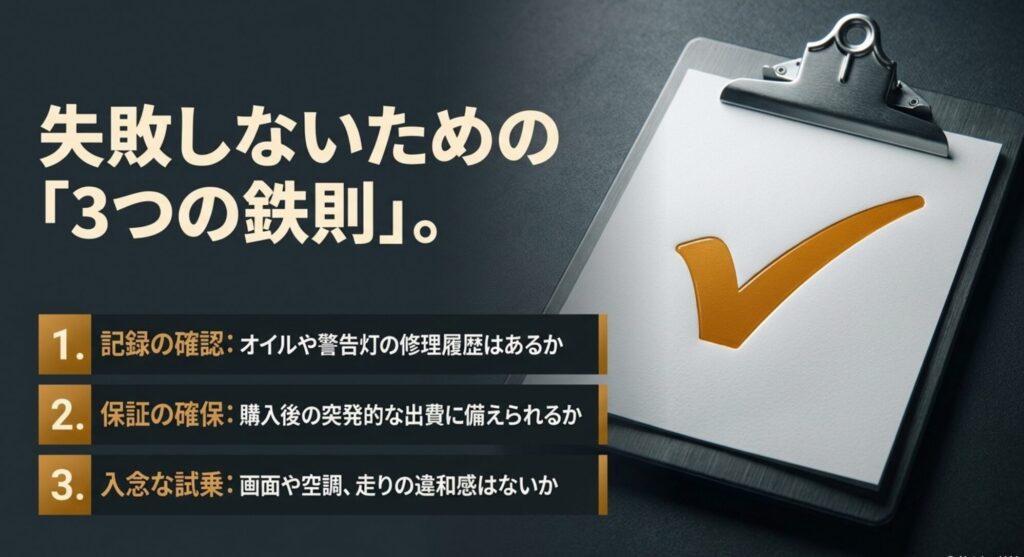 ジープコンパス購入前に整備記録、保証、試乗を確認する3つの鉄則をまとめたチェックリスト画像