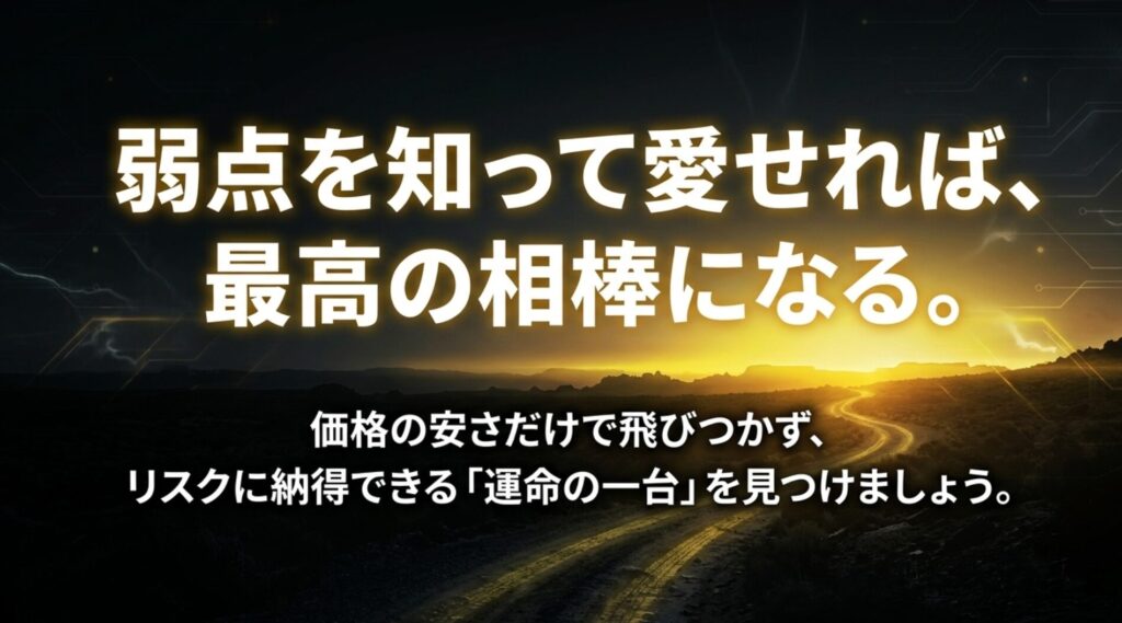 ジープパトリオットは価格だけで選ばず弱点を理解して選ぶことが大切だと伝える締めのスライド