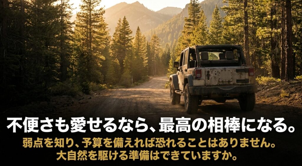 ラングラーは不便さも愛せるなら最高の相棒になり、弱点と予算を理解すれば恐れる必要はないことを示す総括スライド