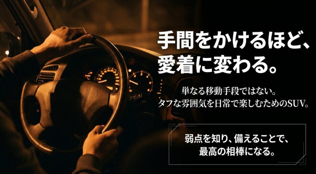 ジープコンパスは弱点を知り備えることで、手間が愛着に変わる長期所有向きSUVであることを示すまとめスライド