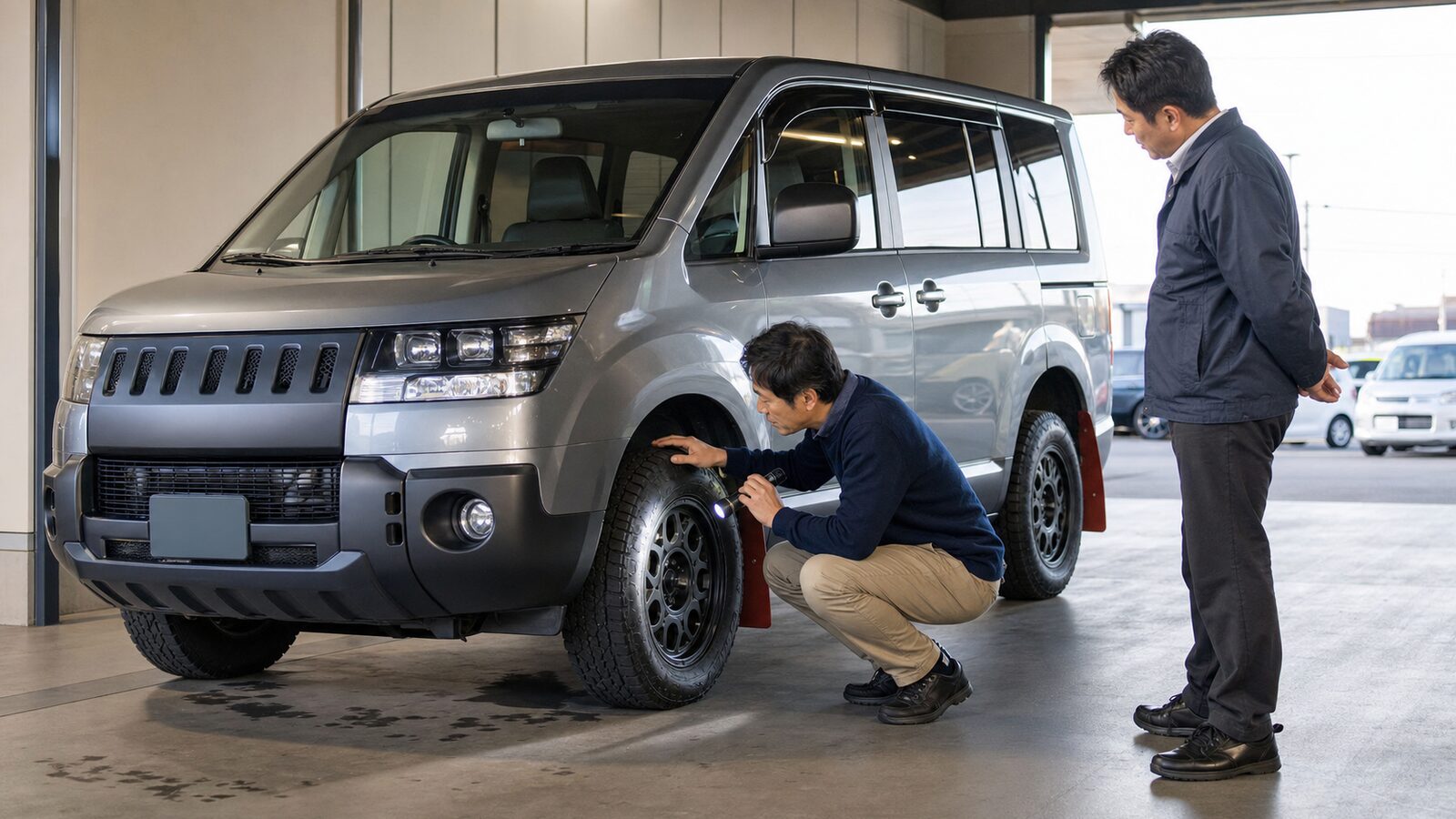 デリカD5の特別仕様車を中古車店で比較するイメージ