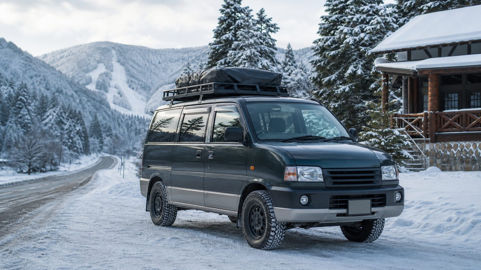 雪山とアウトドアで使うデリカD5の特別仕様車をイメージした画像