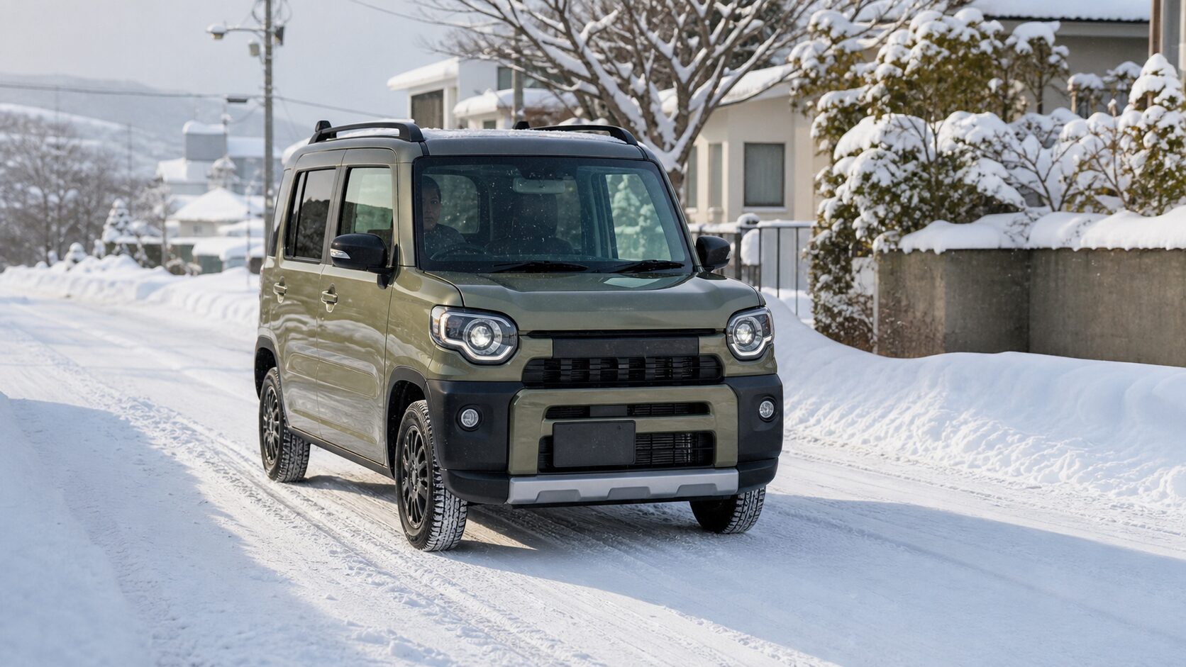 雪道を走るデリカミニ風の軽スーパーハイトワゴンと冬の道路状況