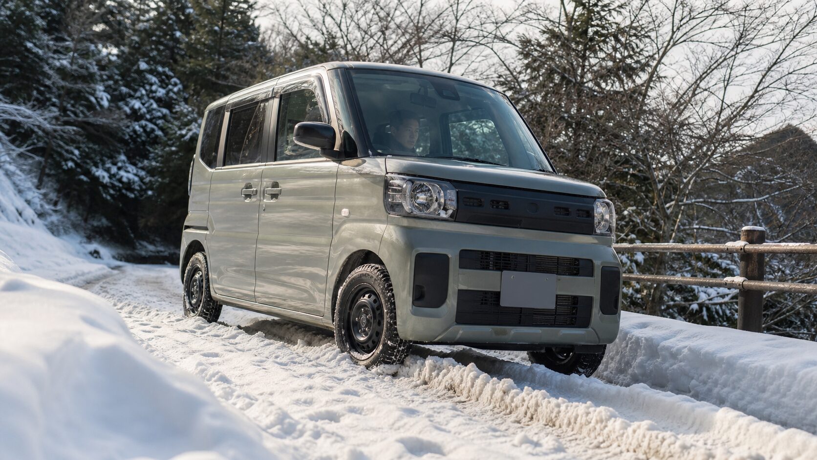 雪道の轍と最低地上高を意識して走る軽スーパーハイトワゴン