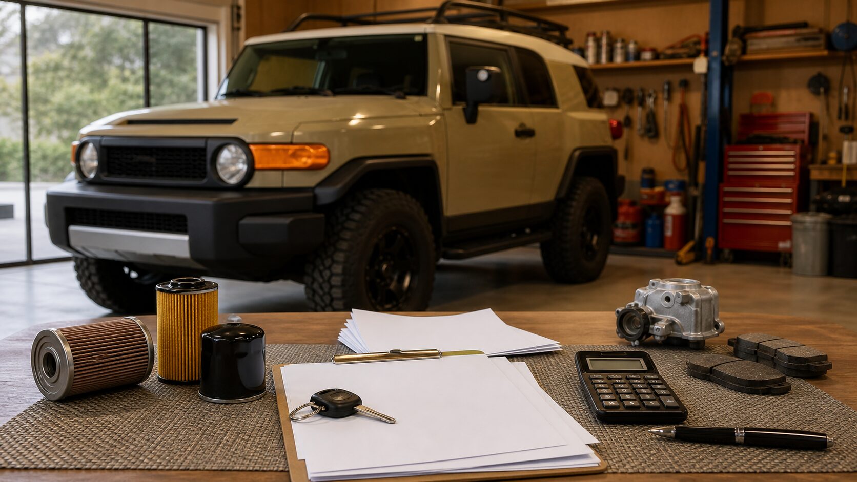 FJクルーザーの維持費を計画するガレージ内の書類と4WD車