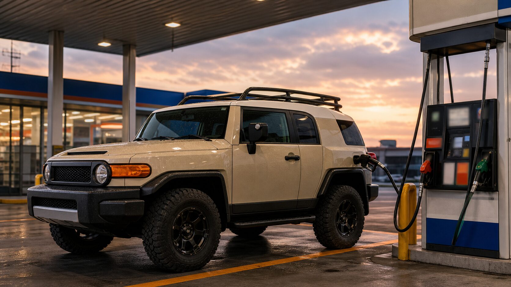 ガソリンスタンドに停まる大型4WDと燃料代の負担イメージ