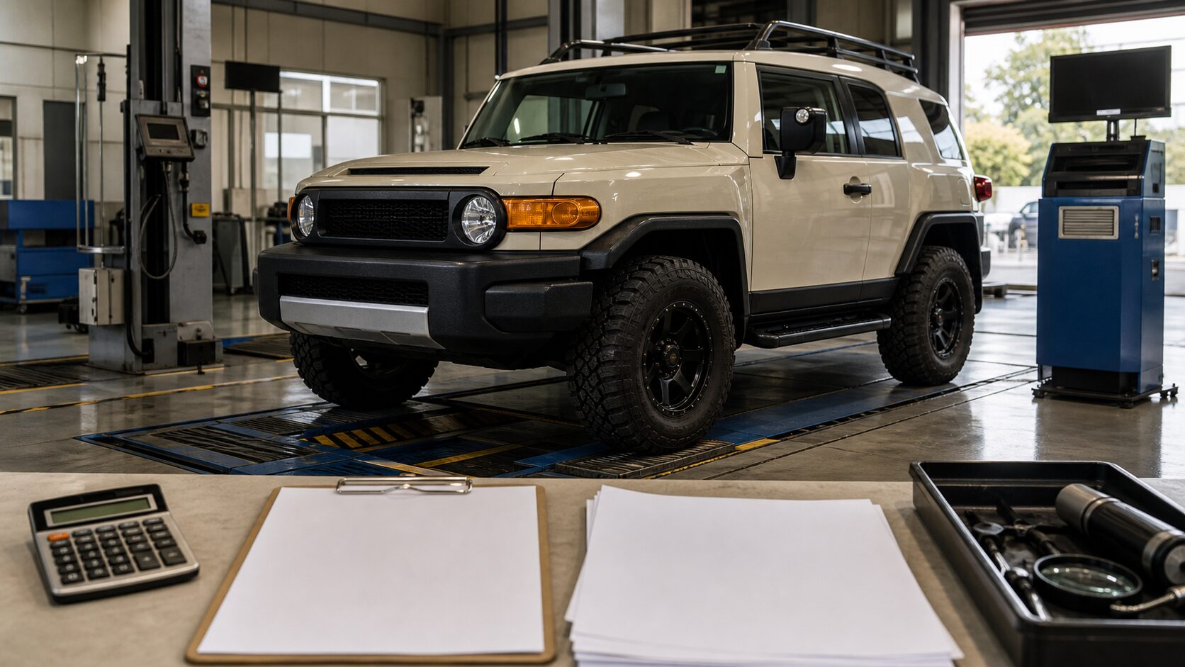 車検場で点検を受ける大型4WDと税金や車検費用のイメージ