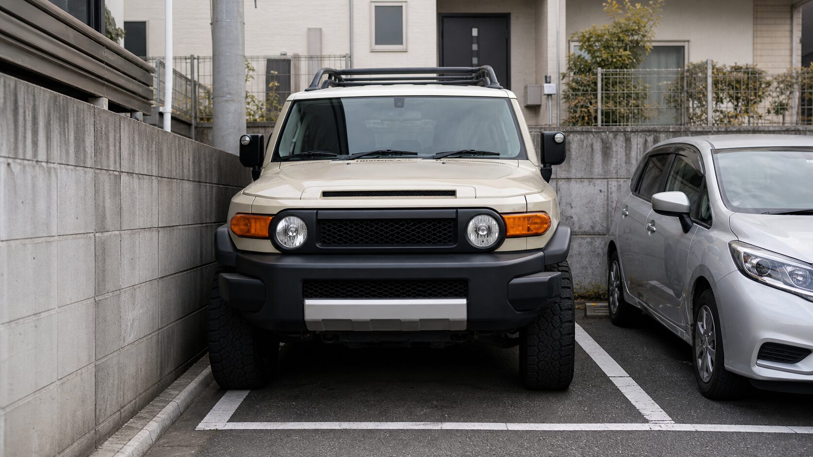 狭い駐車場で大型4WDの車幅を確認するイメージ