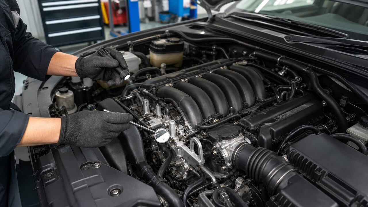 整備工場でV6エンジンを点検する様子とエンジン耐久性のイメージ