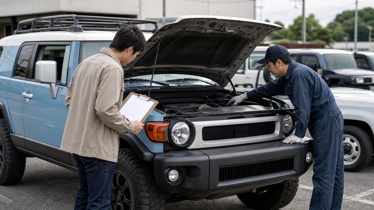 中古の箱型SUVを購入前に点検する様子のイメージ