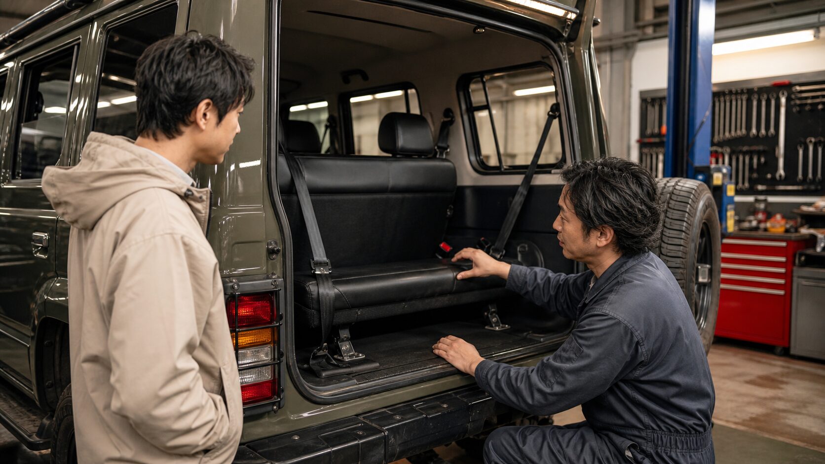 FJクルーザー風4WDの後席カスタムと安全確認を相談するイメージ