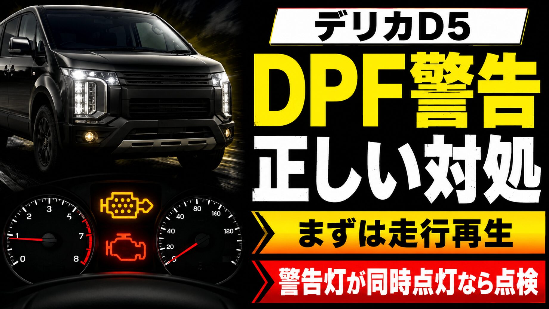 デリカD5風の車両と警告灯のメーターを背景に、「DPF警告」「正しい対処」「まずは走行再生」「警告灯が同時点灯なら点検」と大きく表示したアイキャッチ画像。