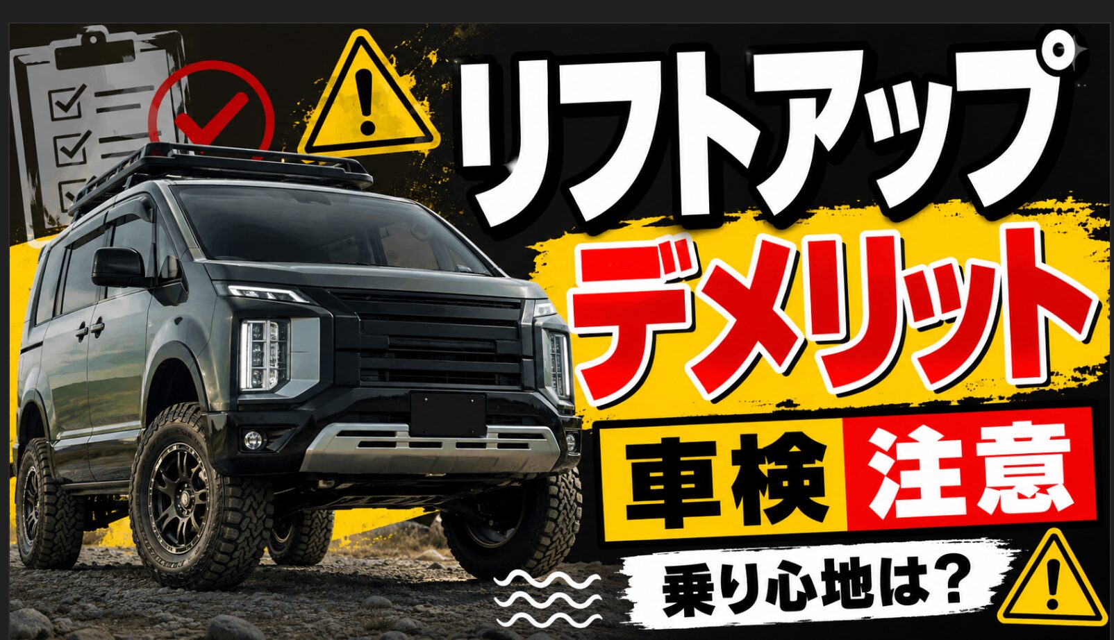 リフトアップしたデリカD5風ミニバンと「デメリット」「車検注意」「乗り心地は？」の文字を配置した、車検や乗り心地の注意点を伝えるアイキャッチ画像。
