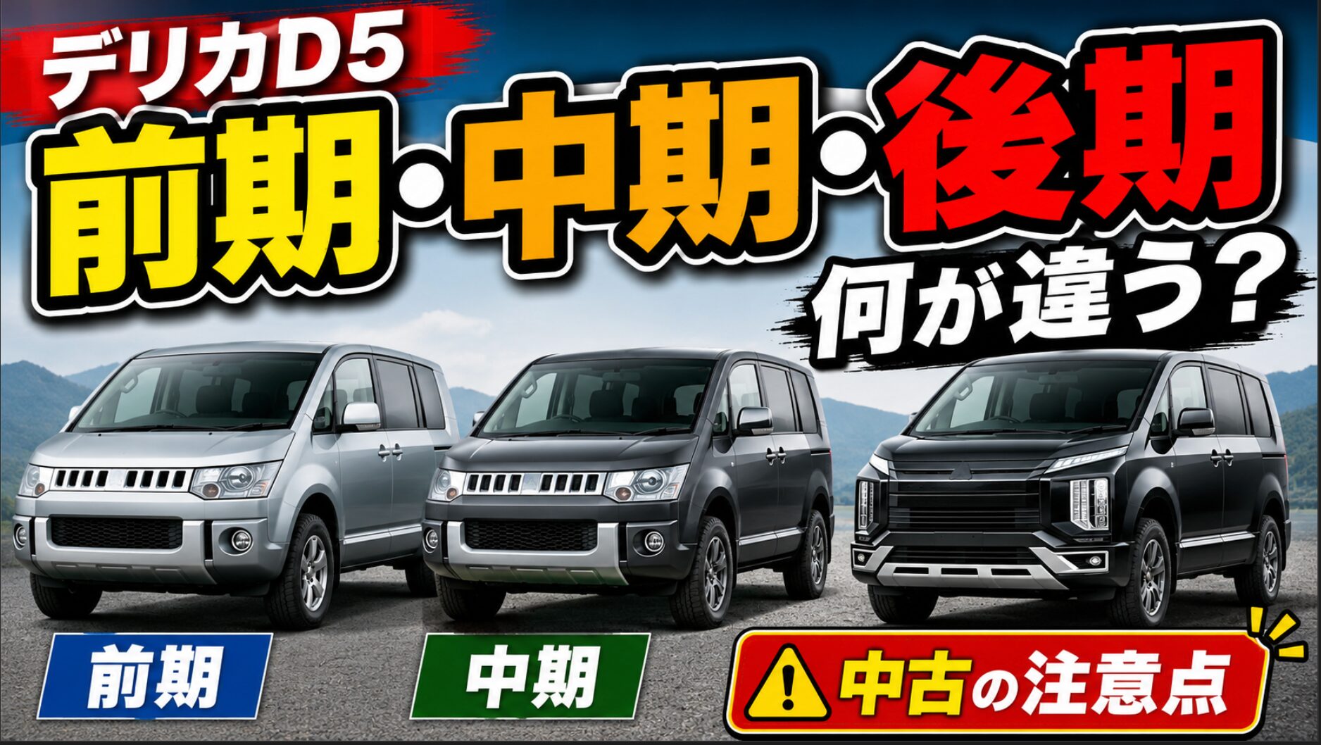デリカD5の前期・中期・後期を3台の車で比較し、年式ごとの違いと中古車選びの注意点を大きな文字で示したアイキャッチ画像。